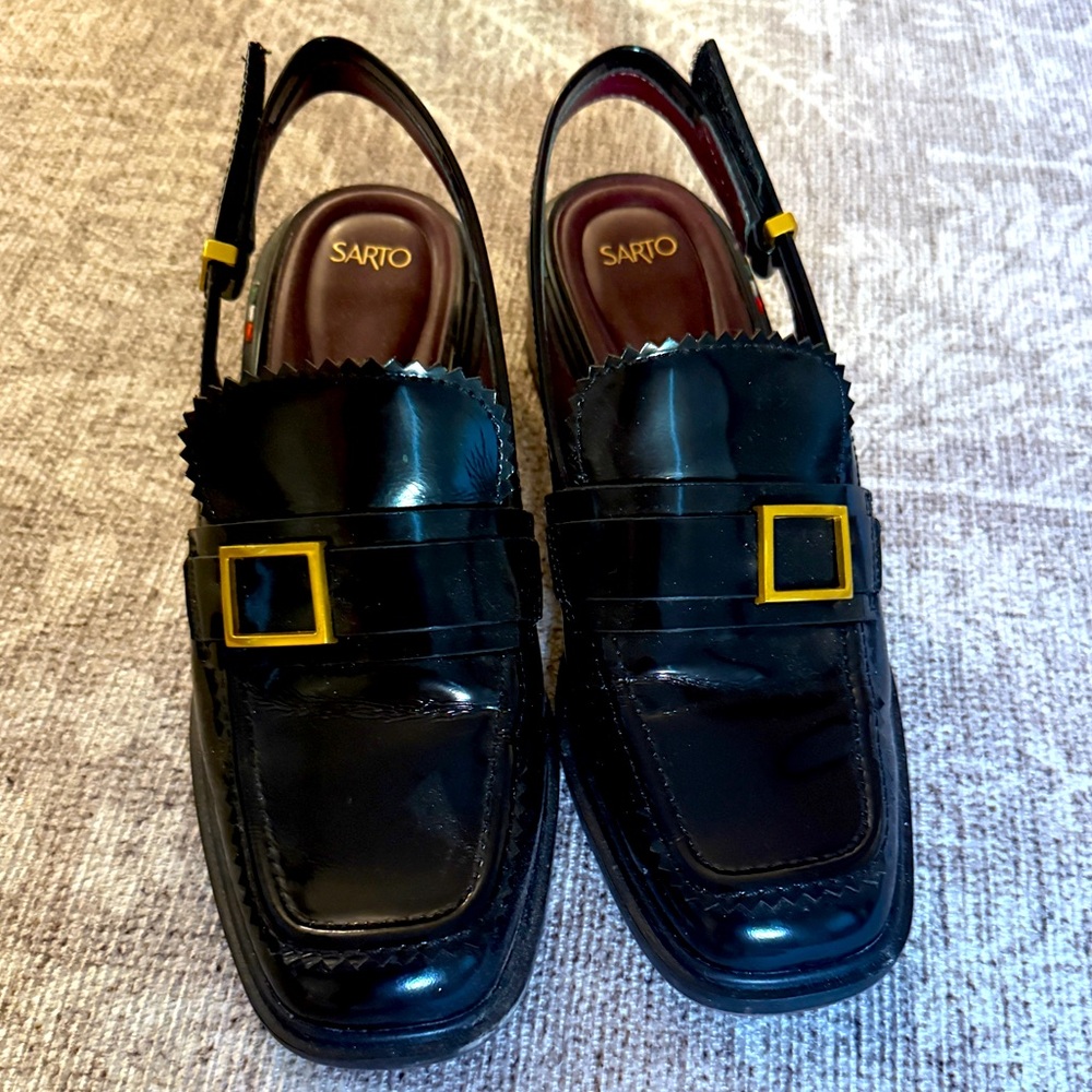 Franco Sarto Black Loafers with Gold Buckle